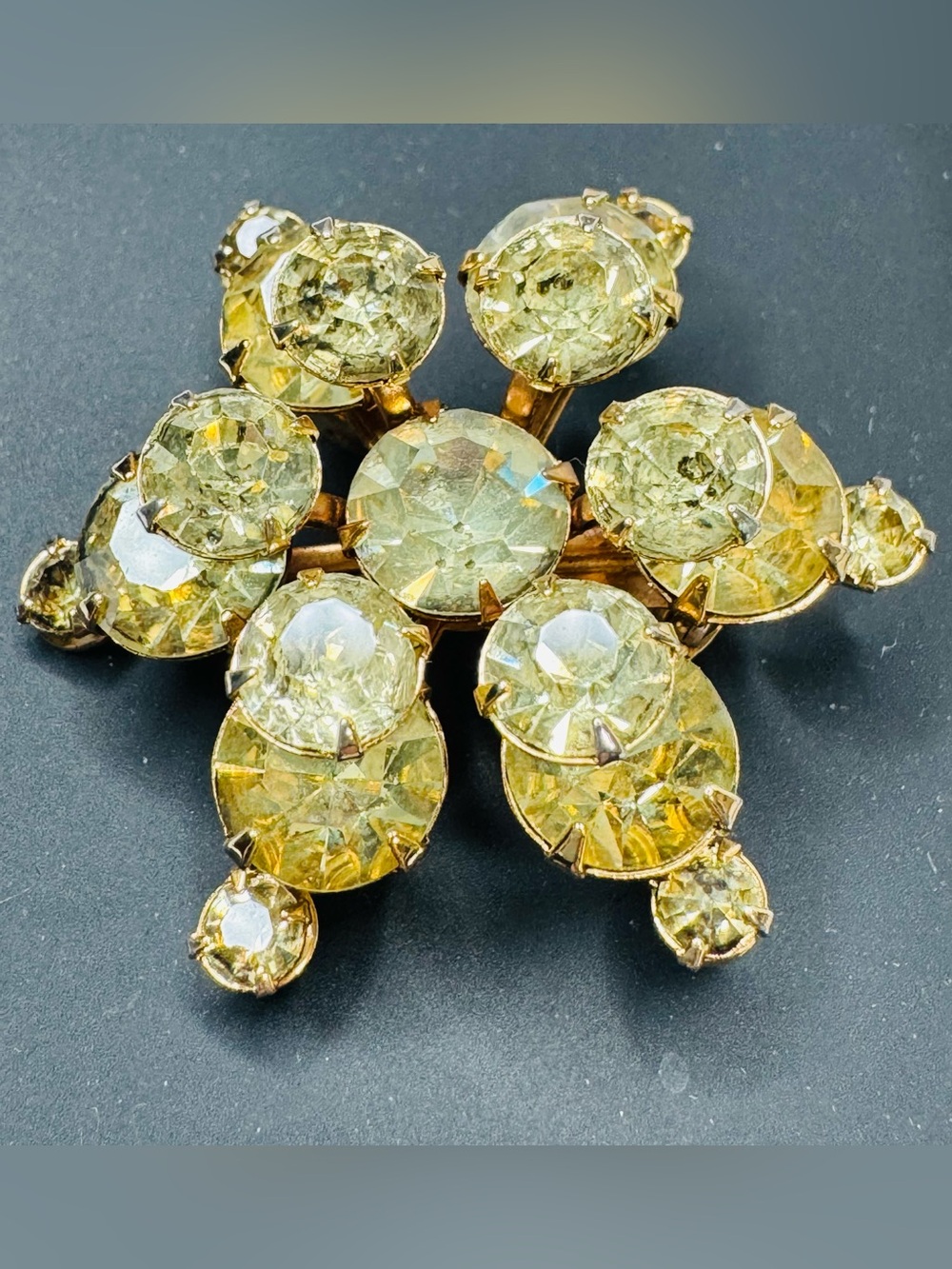 Vintage Rhinestone Yellow Riveted Brooch